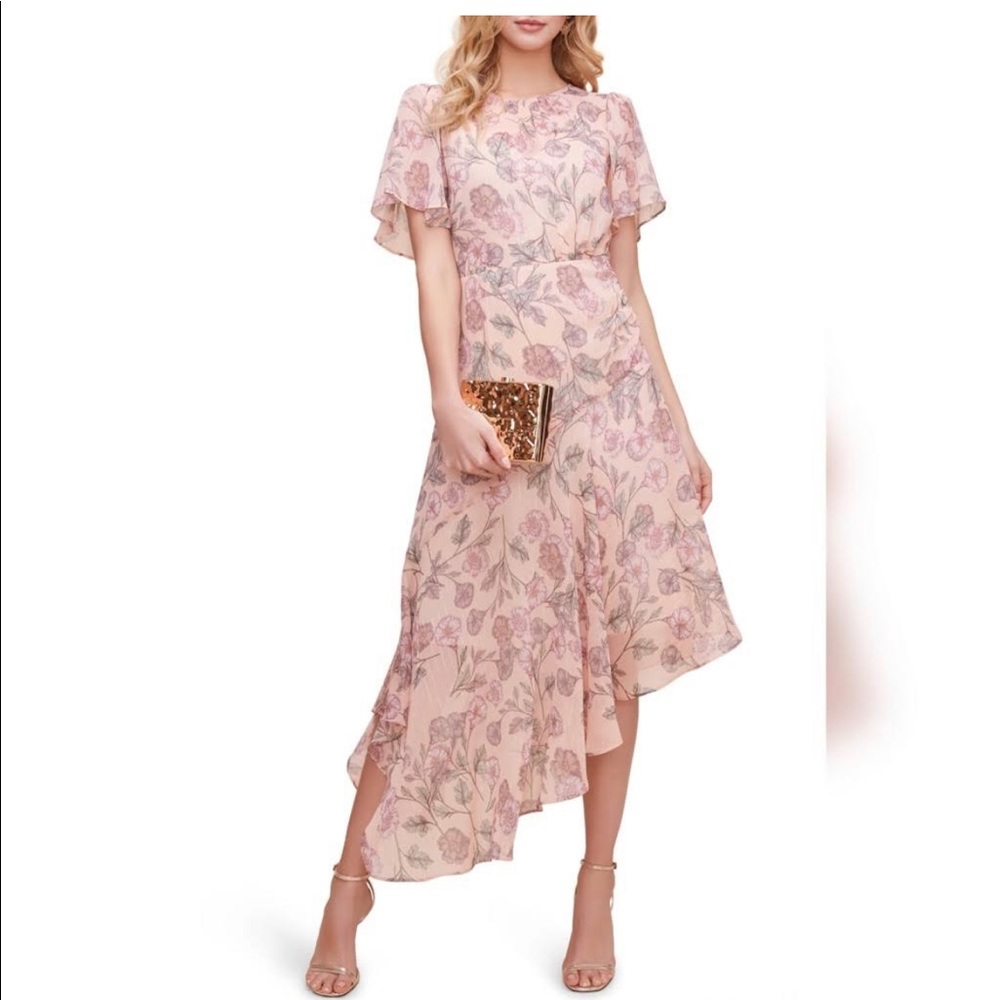 ASTR Peach Floral Flutter Sleeve Midi Dress